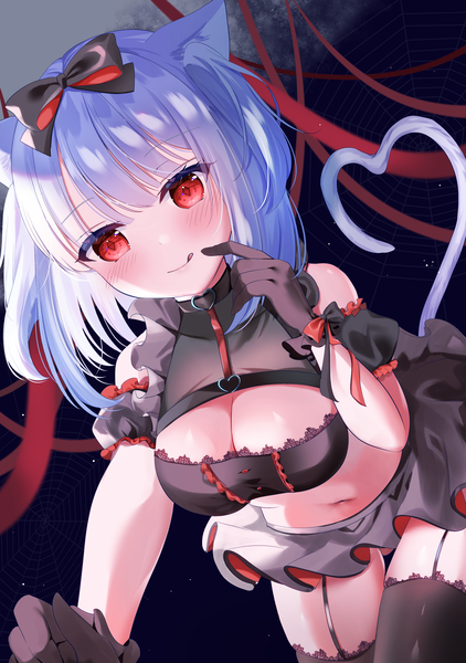 Anime picture 1784x2537 with original tsukimiya sara single tall image looking at viewer fringe highres short hair breasts light erotic smile red eyes large breasts animal ears blue hair cleavage tail animal tail cat ears night