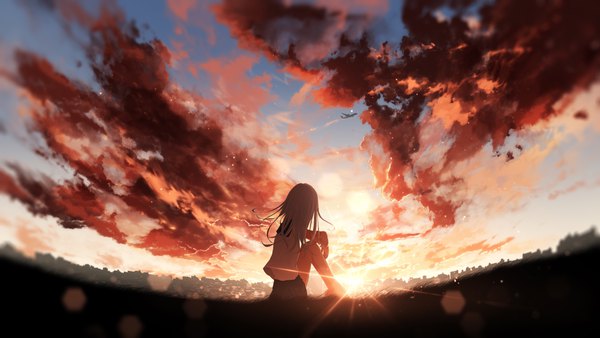 Anime picture 3840x2160 with original furi0831 single long hair highres wide image sitting absurdres sky cloud (clouds) full body bent knee (knees) white hair pleated skirt from behind bare legs lens flare city evening sunset