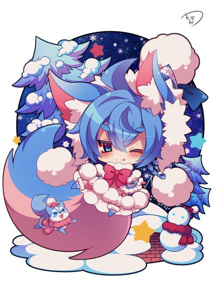 Anime picture 1066x1491 with shironeko project koyomi (shironeko project) muuran single tall image blush fringe short hair blue eyes simple background smile hair between eyes white background signed animal ears blue hair ahoge tail animal tail one eye closed