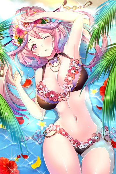 Anime picture 750x1125 with houchi shoujo consort yu (houchi shoujo) koyama sao single long hair tall image looking at viewer blush fringe breasts light erotic large breasts pink hair pink eyes one eye closed hair flower sparkle thigh gap partially submerged ass visible through thighs