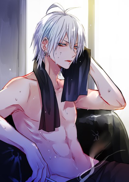Anime picture 849x1200 with hypnosis mic aohitsugi samatoki huwakemushi03 single tall image looking at viewer fringe short hair light erotic hair between eyes sitting bare shoulders silver hair upper body ahoge indoors parted lips wet piercing groin