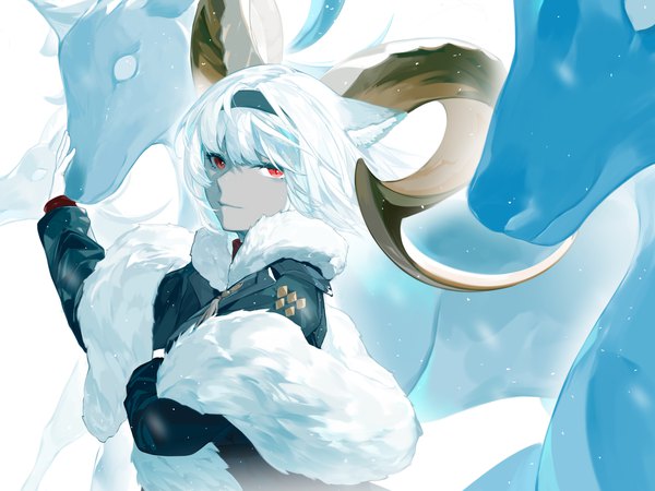 Anime picture 2732x2048 with arknights carnelian (arknights) carnelian (hohenlohe chillysand) (arknights) fui (fui29493452) single looking at viewer highres short hair red eyes animal ears white hair horn (horns) fur trim turning head official alternate costume girl animal fur headband