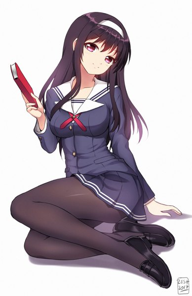 Anime picture 1799x2773 with saenai heroine no sodatekata a-1 pictures kasumigaoka utaha zeshgolden single long hair tall image looking at viewer fringe highres black hair simple background smile hair between eyes white background holding signed full body bent knee (knees) head tilt