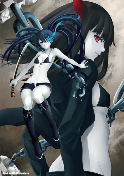 Anime picture 2480x3507 with black rock shooter black rock shooter (character) black gold saw oni-noboru long hair tall image highres blue eyes light erotic black hair red eyes twintails multiple girls horn (horns) glowing glowing eye (eyes) girl navel weapon 2 girls
