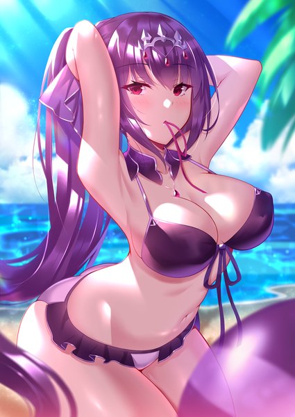 Anime picture 2149x3035 with fate (series) fate/grand order scathach (fate) (all) scathach skadi (fate) black fire (peter02713) single long hair tall image looking at viewer blush fringe highres breasts light erotic hair between eyes red eyes large breasts purple eyes holding payot
