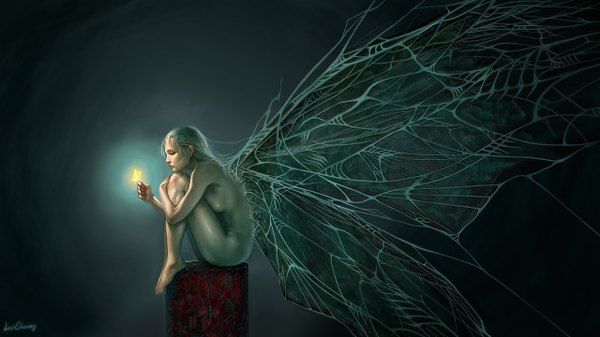 Anime picture 1280x720 with claymore madhouse jean (claymore) gooloo0-o single light erotic simple background wide image sitting signed white hair profile barefoot realistic magic leg hug insect wings butterfly wings embryo's pose insect
