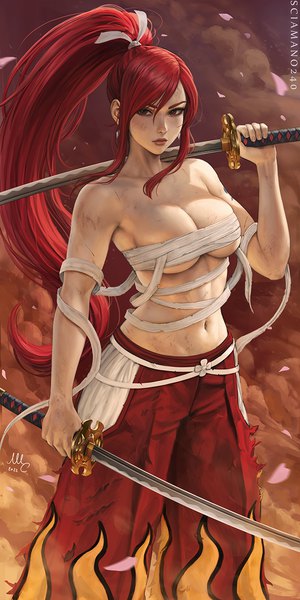 Anime picture 710x1420 with fairy tail erza scarlet sciamano240 single long hair tall image looking at viewer fringe breasts light erotic hair between eyes red eyes large breasts standing holding signed payot red hair arm up wind