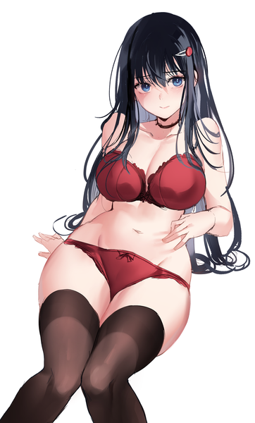 Anime picture 2600x4300 with original zerocat single long hair tall image looking at viewer blush fringe highres breasts blue eyes light erotic black hair simple background hair between eyes large breasts white background sitting bare shoulders payot