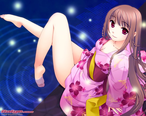 Anime picture 1280x1024 with galge.com ginta single long hair looking at viewer blush fringe light erotic smile red eyes brown hair sitting full body blunt bangs traditional clothes japanese clothes barefoot arm support bare legs floral print