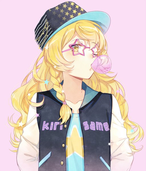 Anime picture 946x1107 with touhou kirisame marisa ekita xuan single long hair tall image blush blonde hair simple background yellow eyes upper body braid (braids) one eye closed open jacket character names side braid pink background casual star print bespectacled