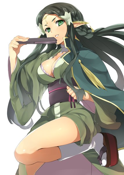 Anime picture 1527x2143 with sword art online a-1 pictures sakuya (sao) nishimuku meri single long hair tall image breasts simple background white background green eyes traditional clothes japanese clothes green hair pointy ears girl kimono obi fan