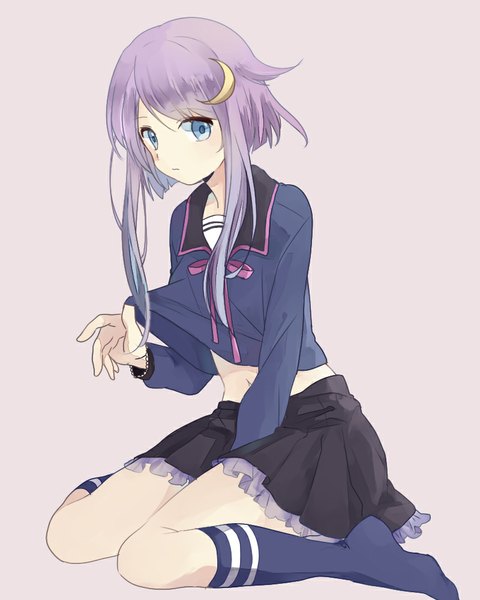 Anime picture 800x1000 with kantai collection yayoi destroyer furikake (appuntament) single long hair tall image short hair blue eyes light erotic simple background sitting looking away bare belly wariza purple background girl navel uniform hair ornament socks