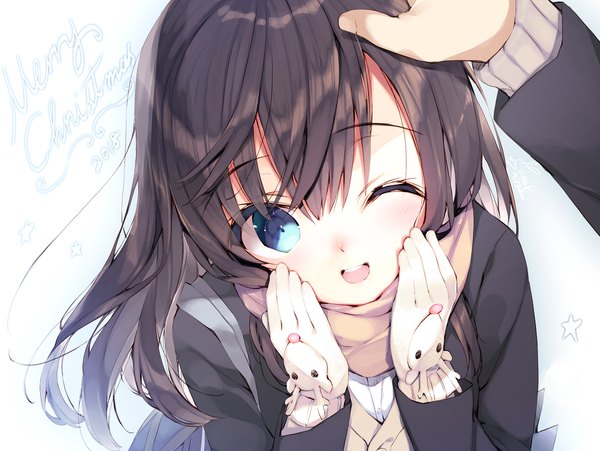 Anime picture 2266x1706 with original satsuki misuzu long hair highres open mouth blue eyes black hair one eye closed from above christmas solo focus ;d pov merry christmas hand on another's head hands on face 2018 girl boy gloves