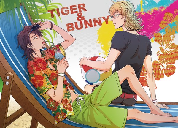 Anime picture 1577x1134 with tiger & bunny sunrise (studio) kaburagi t. kotetsu barnaby brooks jr. kaimichi short hair open mouth blonde hair brown hair sitting green eyes yellow eyes profile looking back from behind inscription open clothes open shirt back reclining