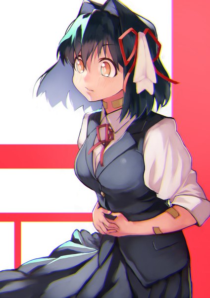 Anime picture 1446x2048 with ano hito no i ni wa boku ga tarinai manpuku sachi yoshio (55level) single tall image fringe short hair black hair hair between eyes standing brown eyes looking away revision bandaid on arm girl uniform ribbon (ribbons) hair ribbon school uniform bandaid