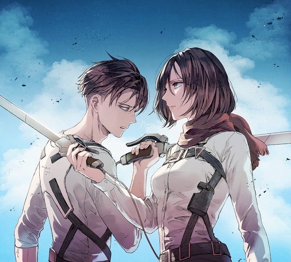 Anime picture 1200x1080 with shingeki no kyojin production i.g mikasa ackerman levi (rivaille) sakuragawanaa looking at viewer fringe short hair open mouth hair between eyes brown hair holding brown eyes looking away sky cloud (clouds) upper body outdoors profile girl