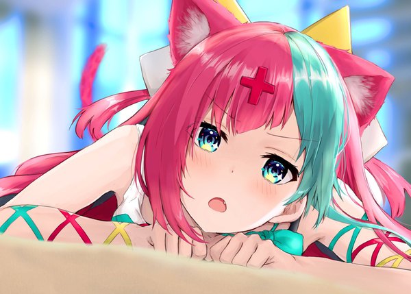 Anime picture 1605x1148 with virtual youtuber the moon studio pinky pop hepburn haru (re ilust) single long hair looking at viewer blush fringe open mouth animal ears pink hair tail lying head tilt animal tail multicolored hair aqua eyes cat ears aqua hair
