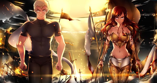 Anime picture 1923x1020 with fairy tail erza scarlet laxus dreyar kristallin-f (artist) long hair looking at viewer fringe highres short hair blonde hair red eyes wide image yellow eyes red hair midriff scar battle girl boy navel