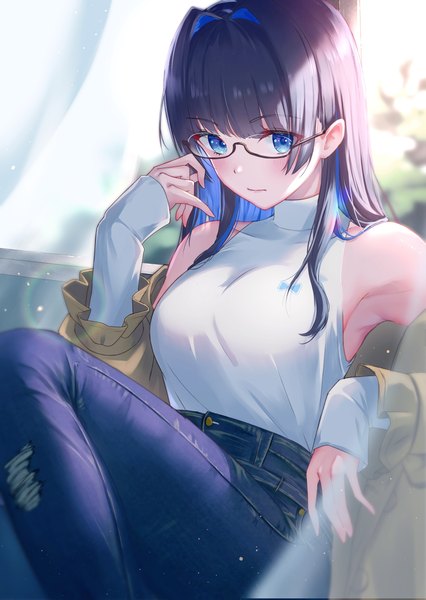 Anime picture 2904x4091 with virtual youtuber hololive hololive english ouro kronii ouro kronii (casual) tokisaka makoto single long hair tall image looking at viewer fringe highres blue eyes black hair sitting blue hair long sleeves multicolored hair two-tone hair official alternate costume