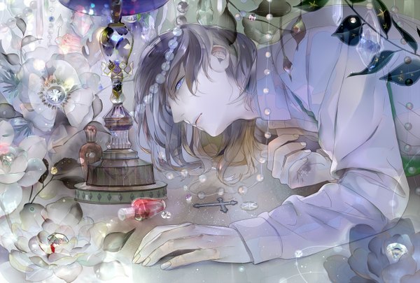 Anime picture 1500x1013 with original saiga tokihito single short hair purple eyes grey hair boy flower (flowers) plant (plants) jewelry cross bottle crystal