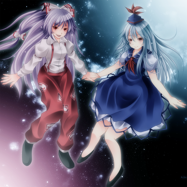 Anime picture 1500x1500 with touhou fujiwara no mokou kamishirasawa keine s-syogo long hair red eyes multiple girls brown eyes blue hair grey hair space girl dress bow 2 girls hair bow tokin hat