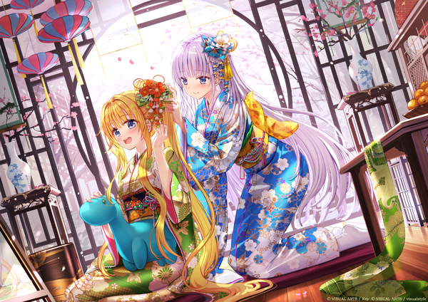 Anime picture 1488x1052 with air summer pockets key (studio) kamio misuzu naruse shiroha swordsouls long hair blush fringe open mouth blue eyes blonde hair smile multiple girls payot silver hair indoors traditional clothes :d japanese clothes