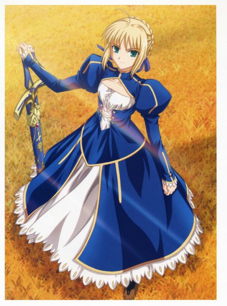 Anime picture 4213x5681 with fate (series) type-moon artoria pendragon (all) saber single tall image looking at viewer highres short hair blonde hair twintails green eyes absurdres scan short twintails girl dress weapon sword