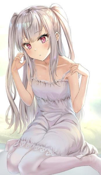 Anime picture 860x1480 with original mintol (qool+) single long hair tall image looking at viewer blush fringe breasts simple background red eyes white background sitting bare shoulders silver hair full body ahoge bent knee (knees) parted lips head tilt