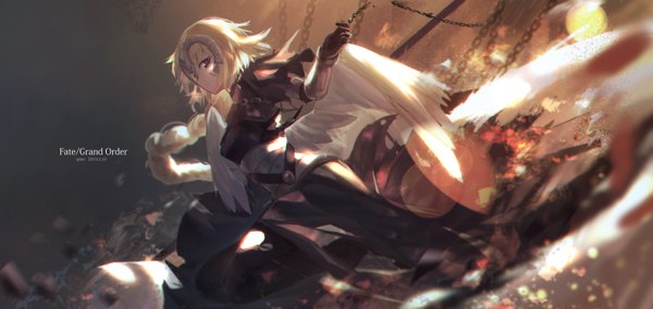 Anime picture 3164x1500 with fate (series) fate/grand order jeanne d'arc (fate) (all) jeanne d'arc (fate) lm520lm520 single long hair looking at viewer fringe highres blonde hair hair between eyes wide image purple eyes signed braid (braids) profile copyright name single braid dated