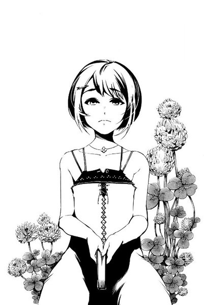 Anime picture 540x806 with tokyo ghoul studio pierrot fueguchi hinami sui ishida single tall image fringe short hair simple background white background bare shoulders holding official art monochrome lacing girl flower (flowers) choker hairclip book (books)