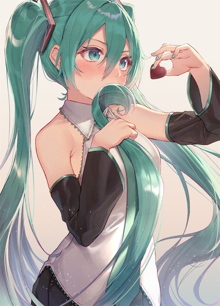 Anime picture 933x1296 with vocaloid hatsune miku arl single tall image blush fringe hair between eyes twintails holding looking away very long hair nail polish aqua eyes aqua hair embarrassed covered mouth aqua nail polish white day girl
