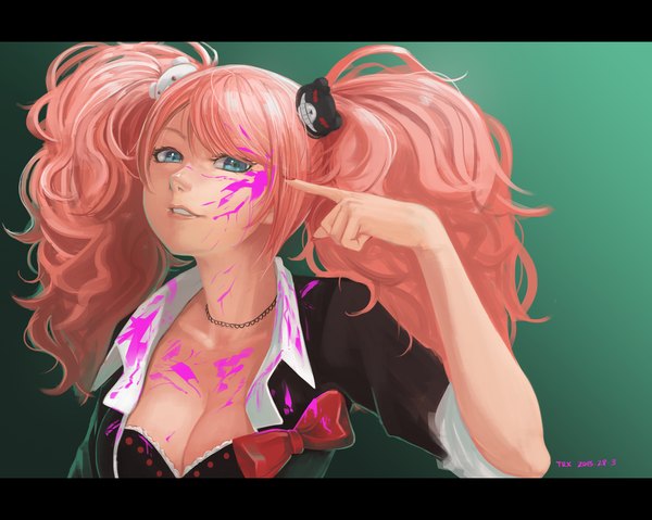 Anime picture 1800x1437 with dangan ronpa enoshima junko trx single long hair looking at viewer highres light erotic twintails pink hair cleavage green background girl hair ornament bow lingerie bra