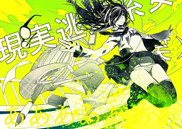 Anime picture 1400x998 with original keishi single long hair fringe light erotic black hair sky cloud (clouds) hair over one eye open clothes teeth grey eyes open shirt hieroglyph monochrome spread arms skirt lift striped jumping