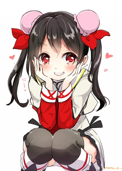 Anime picture 1000x1399 with love live! school idol project sunrise (studio) love live! yazawa nico hazuki natsu single long hair tall image blush fringe light erotic black hair smile red eyes white background sitting twintails signed looking away traditional clothes
