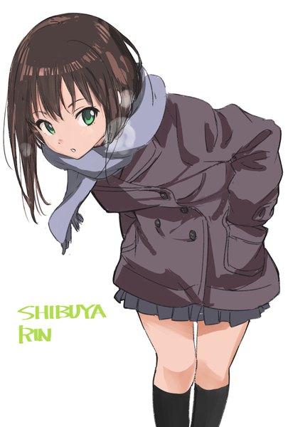 Anime picture 689x1020 with idolmaster idolmaster cinderella girls shibuya rin matsuse daichi single long hair tall image looking at viewer fringe simple background brown hair white background green eyes leaning leaning forward character names exhalation hands in pockets girl socks