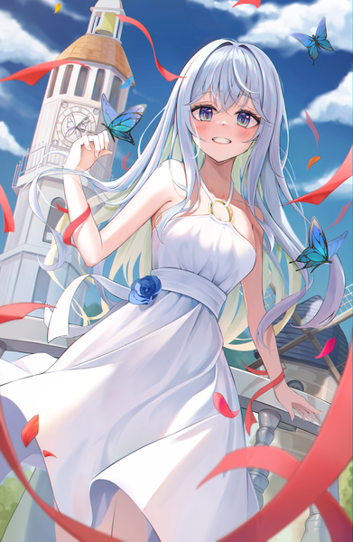 Anime picture 1954x3000 with original sira (user dswn7488) single long hair tall image looking at viewer blush fringe highres blue eyes smile hair between eyes standing sky cloud (clouds) outdoors white hair arm up wind blurry