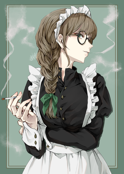 Anime picture 2500x3500 with original canned rose single long hair tall image looking at viewer highres brown hair green eyes braid (braids) maid single braid border smoke open collar smoking girl uniform glasses headdress