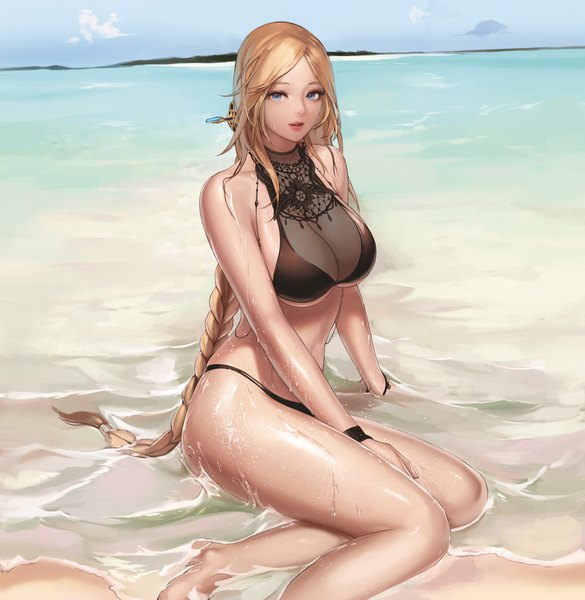 Anime picture 1500x1539 with dungeon and fighter female gunner (dungeon and fighter) monaim single long hair tall image looking at viewer breasts blue eyes light erotic blonde hair large breasts sitting braid (braids) arm support beach underboob single braid yokozuwari girl