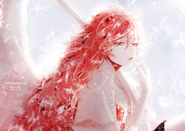 Anime picture 1000x707 with houseki no kuni padparadscha (houseki no kuni) morino bambi single long hair looking at viewer fringe hair between eyes red eyes signed red hair parted lips open shirt character names twitter username dated androgynous shirt