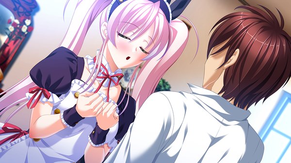 Anime picture 1024x576 with silicon magic mu (silicon magic) long hair blush brown hair wide image twintails pink hair game cg eyes closed maid girl boy headdress maid headdress