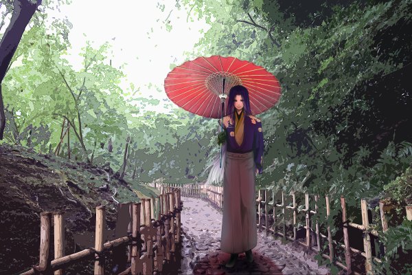 Anime picture 2400x1600 with vocaloid vy2 single long hair highres purple eyes purple hair traditional clothes japanese clothes boy plant (plants) tree (trees) umbrella