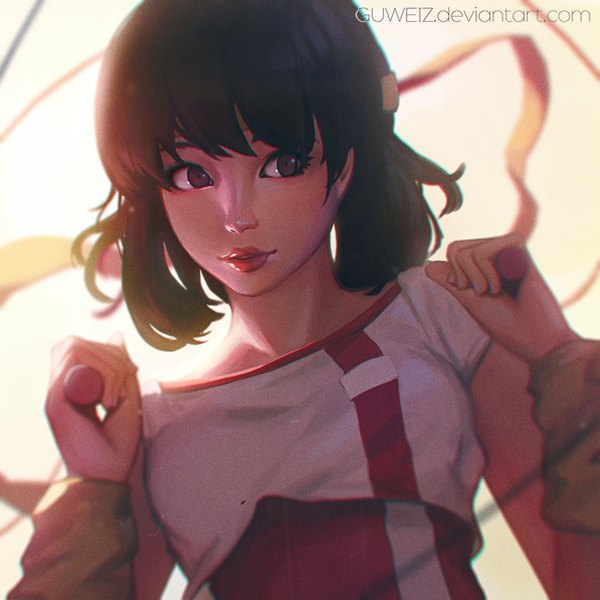 Anime picture 800x800 with gunbuster gainax takaya noriko guweiz single fringe short hair black hair lips black eyes lipstick red lipstick ilya kuvshinov (style) girl clothes