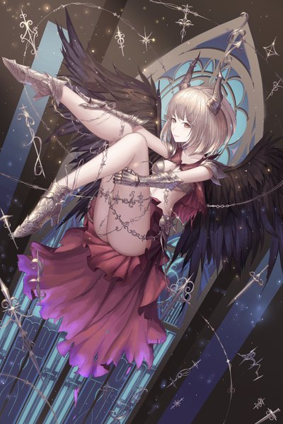 Anime picture 3000x4500 with original rinmmo single tall image blush fringe highres short hair breasts light erotic brown eyes looking away silver hair horn (horns) lips sideboob black wings weightlessness girl skirt