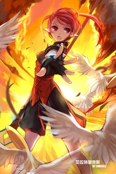 Anime picture 1417x2125 with dungeon and fighter swd3e2 long hair tall image open mouth red eyes red hair pointy ears evening sunset girl dress gloves animal fingerless gloves bird (birds) staff