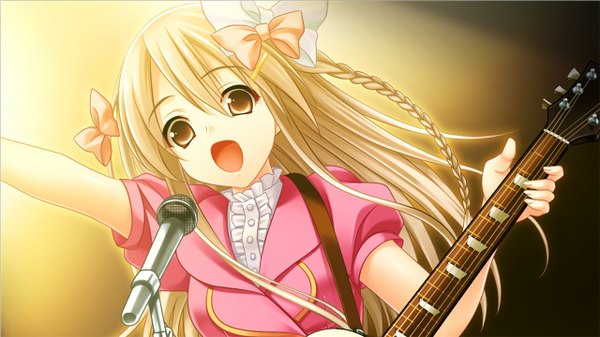 Anime picture 1280x720 with morobito kozorite (game) long hair open mouth blonde hair wide image brown eyes game cg girl microphone guitar