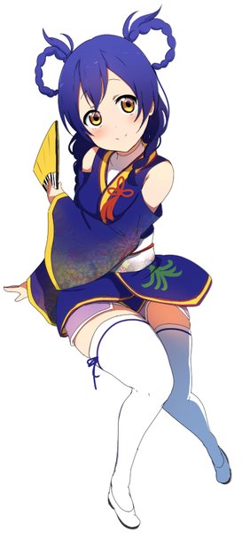 Anime picture 424x900 with love live! school idol project sunrise (studio) love live! sonoda umi icehotmilktea single long hair tall image looking at viewer blush breasts simple background white background holding yellow eyes blue hair braid (braids) head tilt wide sleeves zettai ryouiki