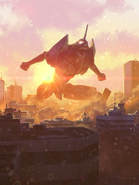 Anime picture 1280x1706 with neon genesis evangelion gainax eva 01 single tall image open mouth standing sky cloud (clouds) outdoors horn (horns) teeth leaning leaning forward city evening sunset spread arms smoke cityscape