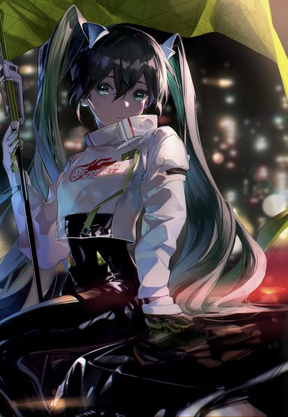 Anime picture 1414x2048 with vocaloid goodsmile racing hatsune miku racing miku racing miku (2022) karasuro single long hair tall image looking at viewer fringe hair between eyes sitting twintails outdoors aqua eyes green hair blurry night arm support