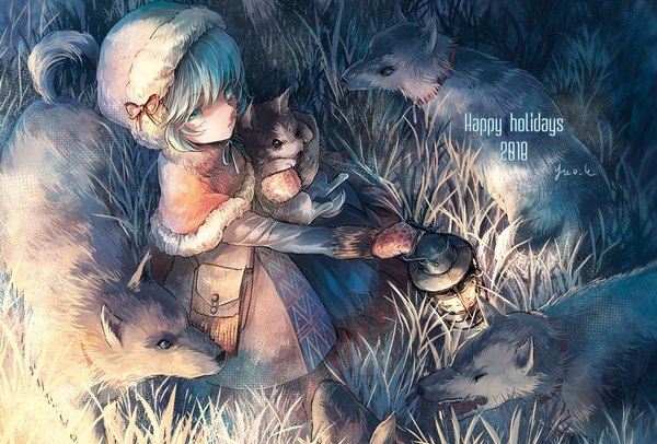 Anime picture 1000x676 with original nemumi no sora single looking at viewer short hair blue eyes signed blue hair outdoors from above new year happy new year 2018 girl plant (plants) animal grass cap lantern dog
