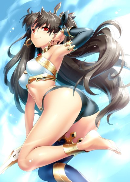 Anime picture 1000x1399 with fate (series) fate/grand order ishtar (fate) zen (kamuro) single long hair tall image fringe light erotic black hair hair between eyes red eyes standing holding sky cloud (clouds) bent knee (knees) ass barefoot light smile